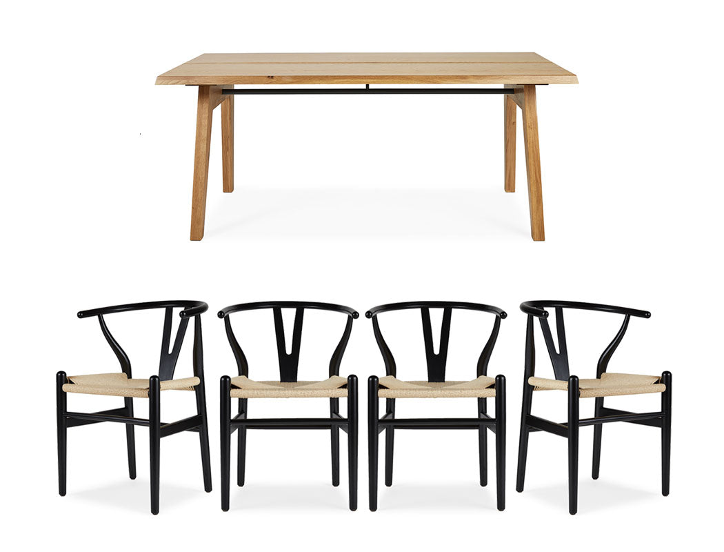 Aubrey White Oak Dining Table (180cm) with 4 Y Wood Dining Chair, Black Set
