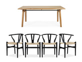 Aubrey White Oak Dining Table (180cm) with 4 Y Wood Dining Chair, Black Set