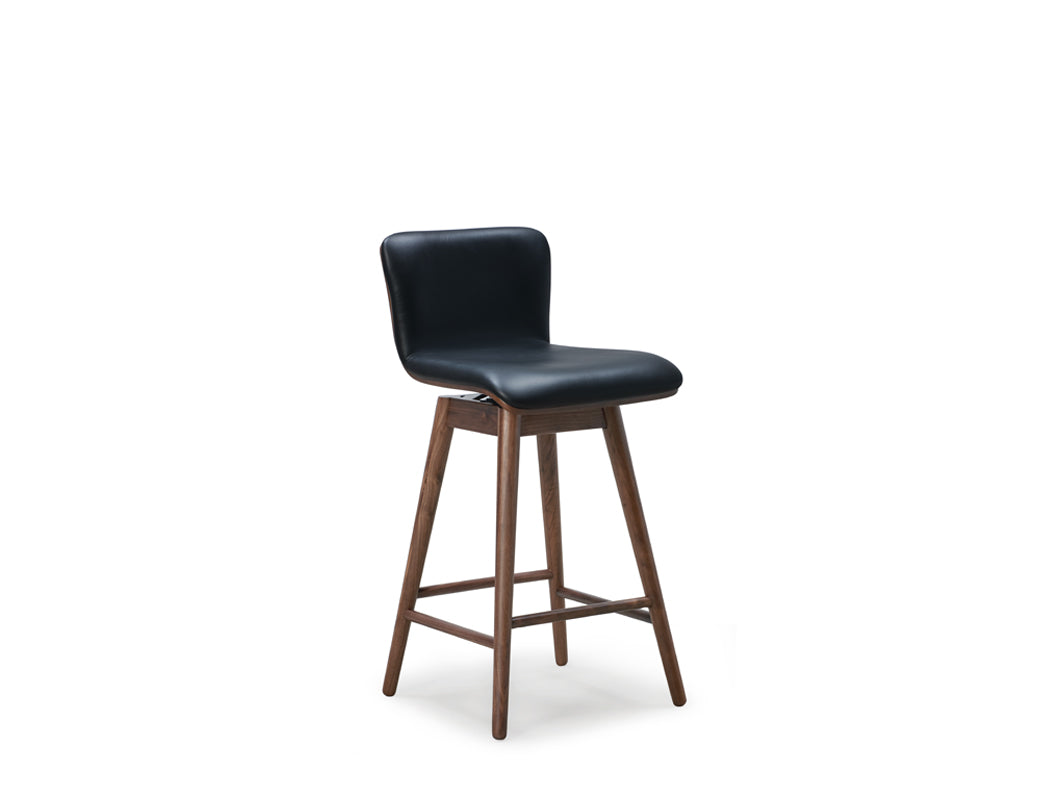 Bo Swivel Wood Counter Stool (Top Grain Leather), Black Walnut Walnut Black Leather