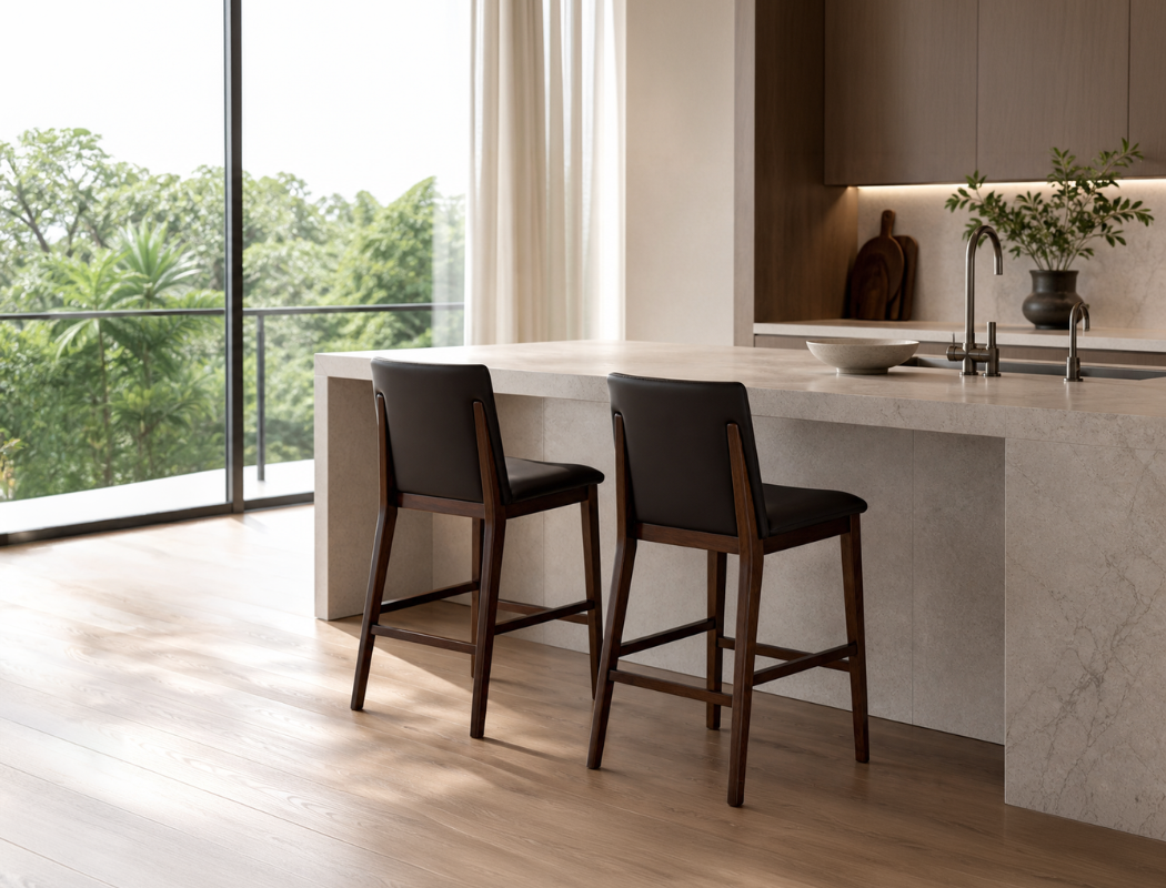 Antonia Solid Wood Counter Stool (Top Grain Leather), Dark Brown