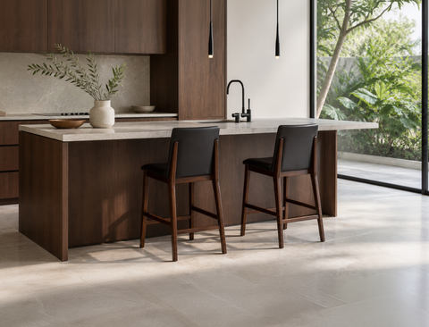 Antonia Solid Wood Counter Stool (Top Grain Leather), Dark Brown