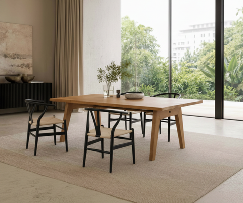 Aubrey White Oak Dining Table (180cm) with 4 Y Wood Dining Chair, Black Set