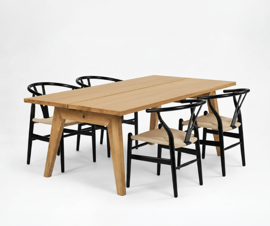 Aubrey White Oak Dining Table (180cm) with 4 Y Wood Dining Chair, Black Set