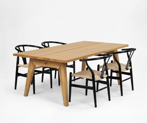 Aubrey White Oak Dining Table (180cm) with 4 Y Wood Dining Chair, Black Set