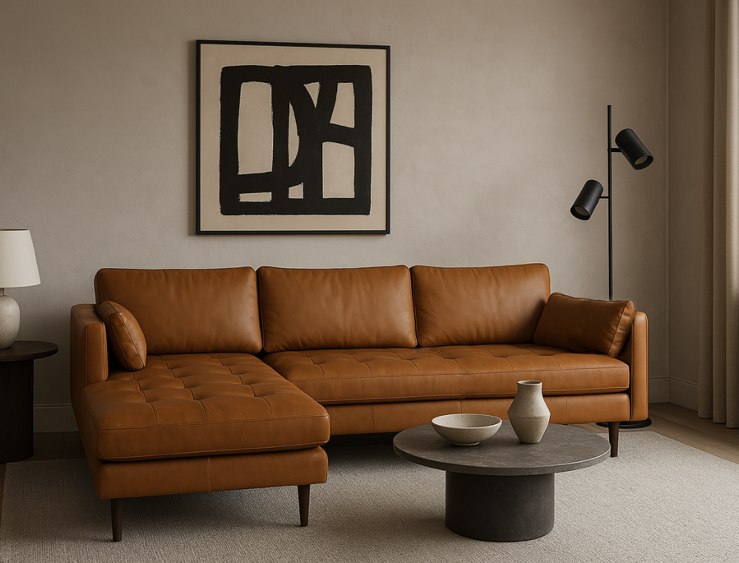 Boston Left Facing L-Shape Leather Sofa, Tan