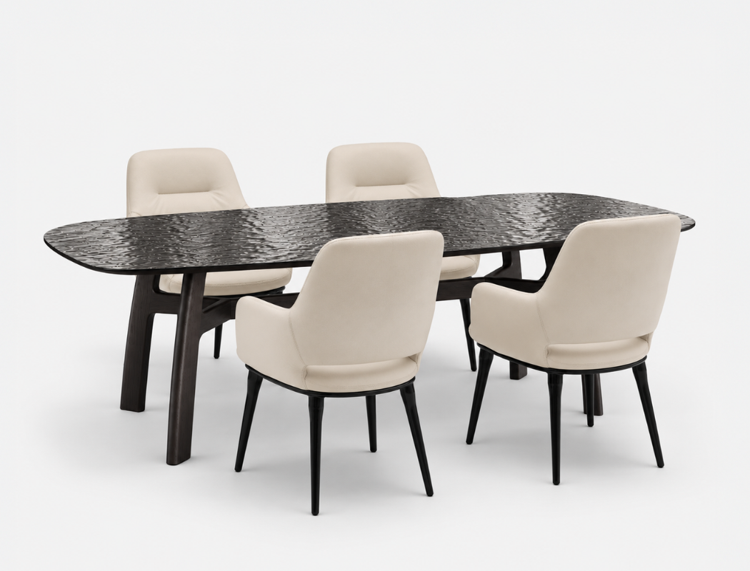 Ondula Glass Dining Table (210cm) with 4 Enzo Dining Chair, Dune Sand Set