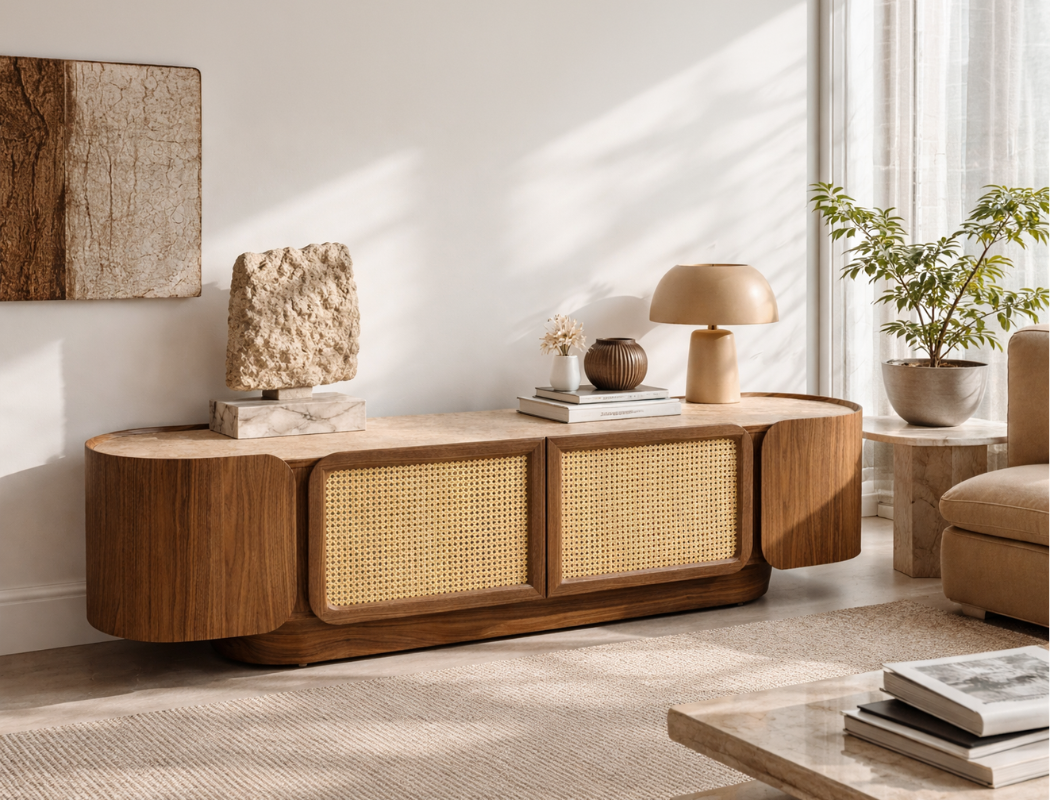 Sabbia Rattan TV Console, American Walnut