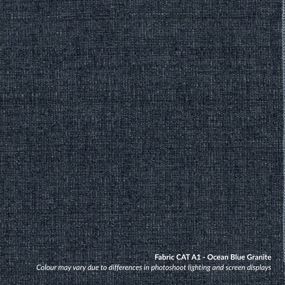 Natalia Right Facing L-Shape Sofa (Chaise 95) Fabric CAT A1 Ocean Blue Granite Black Metal Delivery in 6-8 Weeks