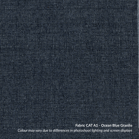 Natalia Right Facing L-Shape Sofa (Chaise 95) Fabric CAT A1 Ocean Blue Granite Black Metal Delivery in 6-8 Weeks