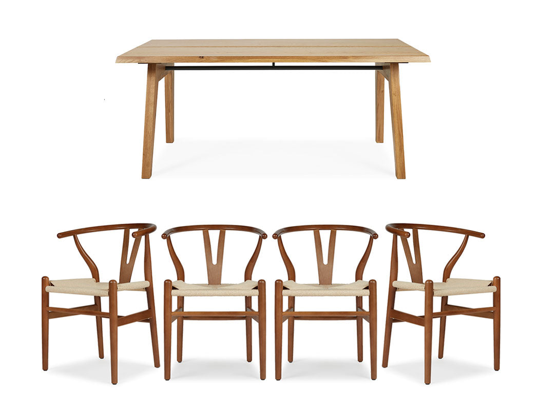 Aubrey White Oak Dining Table (180cm) with 4 Y Wood Dining Chair, Walnut Brown Set