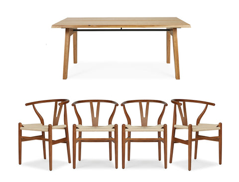 Aubrey White Oak Dining Table (180cm) with 4 Y Wood Dining Chair, Walnut Brown Set