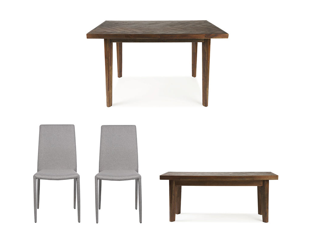 Austin Herringbone Dining Table (140cm) with Bench and 2 Won Chairs, Light Sand Set